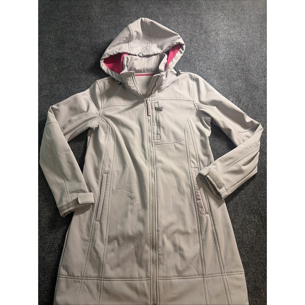 Calvin Klein Womens Jacket Gray Rain Coat Size Small Long Pink Fleece Lining